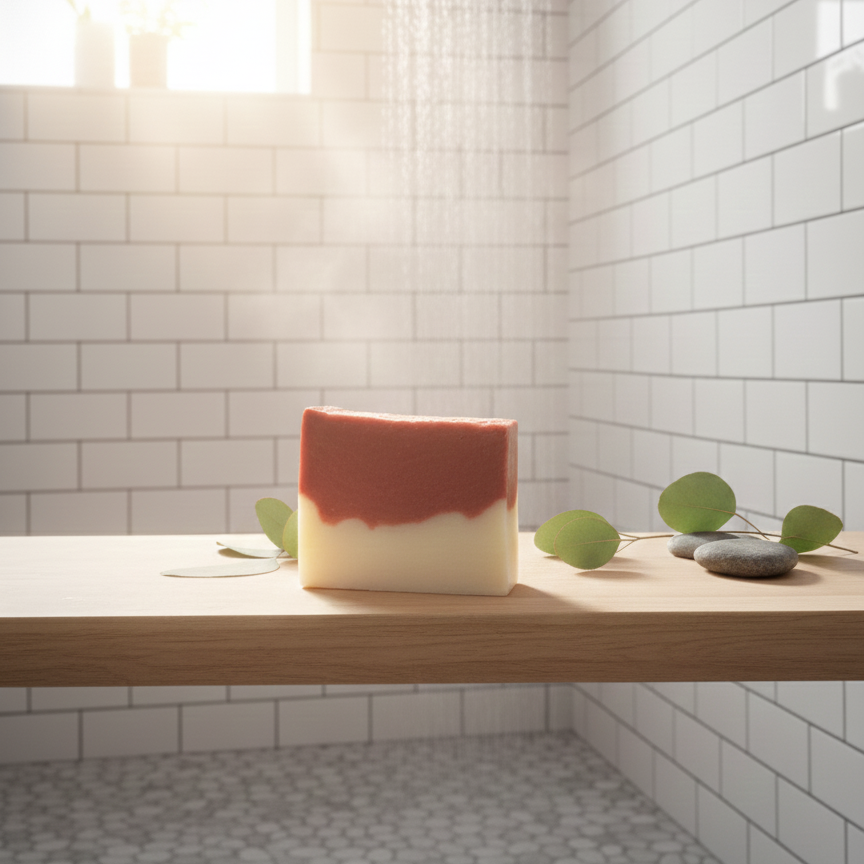 Cranberry Orange soap bar on a wooden surface with a tiled bathroom background