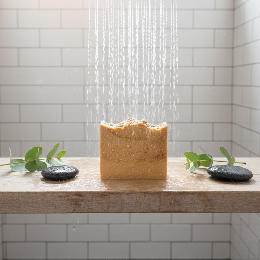 Shower head with water droplets over a wooden surface with a bar of Mindful Organics Pumpkin Crunch Cake Vegan soap and eucalyptus leaves, against a tiled bathroom wall.