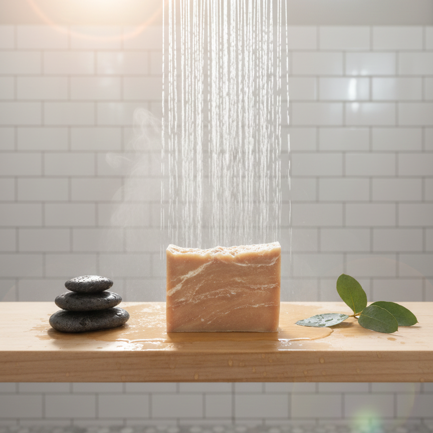 Shower head with water droplets over a wooden surface with Mindful Organics Frost Nipper Vegan soap and stones, against a tiled bathroom wall.
