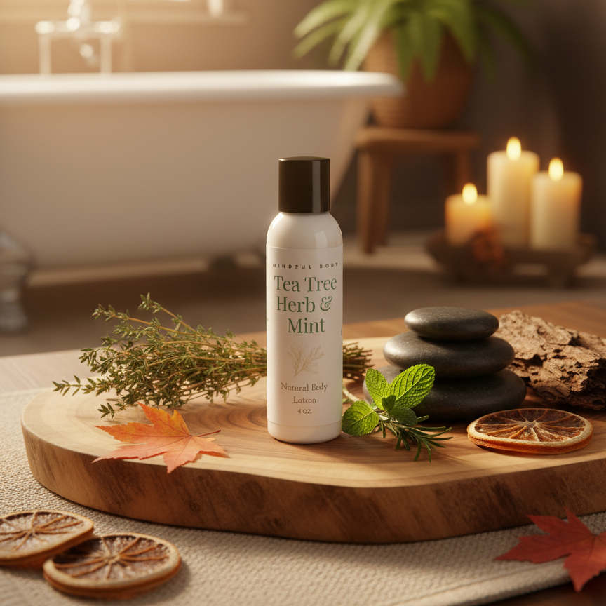 bottle of Tea tree herb & mint body lotion on a wooden tray with a serene background