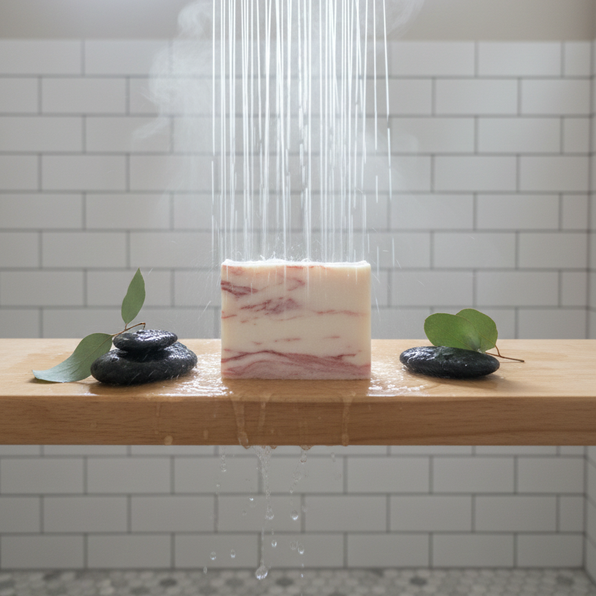 Mindful Organics Candy Cane Vegan Soap on a wooden surface with a shower head and water stream in the background.