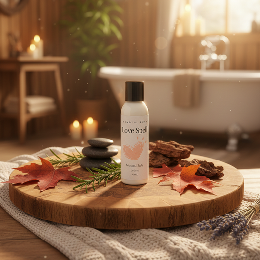 Bottle of Love Spell body lotion on a wooden tray with autumn leaves and candles in a warm bathroom setting
