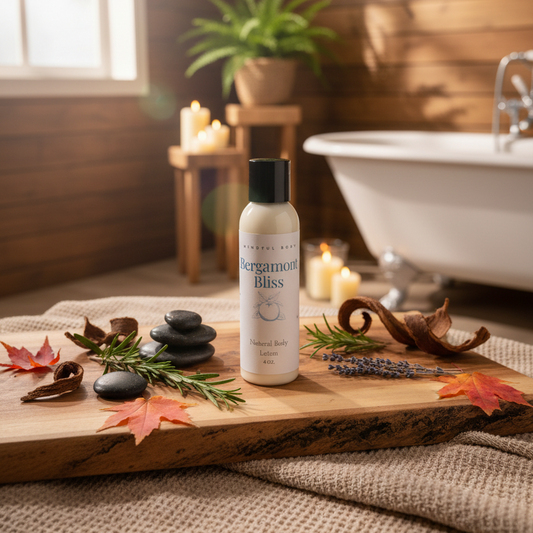 Bottle of Bergamont Bliss lotion bottle on a wooden tray with bath accessories in a spa setting.