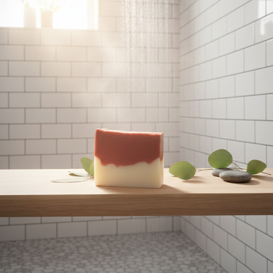 Cranberry Orange soap bar on a wooden surface with a tiled bathroom background