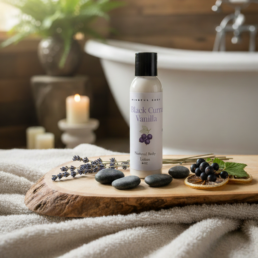 Bottle of Black Currant Vanilla body lotion on a wooden tray with bath accessories in a bathroom setting.