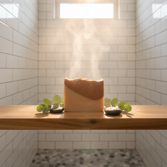 Wooden shelf with a Fall Harvest soap bar in a tiled bathroom