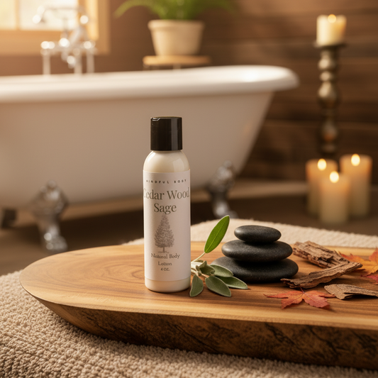 Bottle of Cedar Wood Sage body lotion on a wooden tray with a bathtub and candles in the background