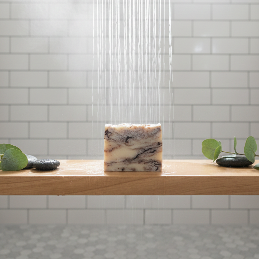 Showerhead with water flowing over a bar of Mindful Organics Cinnamon Chocolate Vegan Soap on a wooden surface, with a tiled bathroom wall in the background.