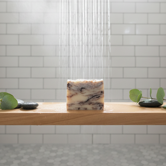 Showerhead with water flowing over a bar of Mindful Organics Cinnamon Chocolate Vegan Soap on a wooden surface, with a tiled bathroom wall in the background.