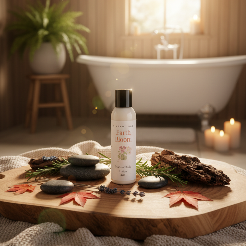 Bottle of Earth Bloom body lotion on a wooden tray with bath accessories in a warm, lit bathroom.