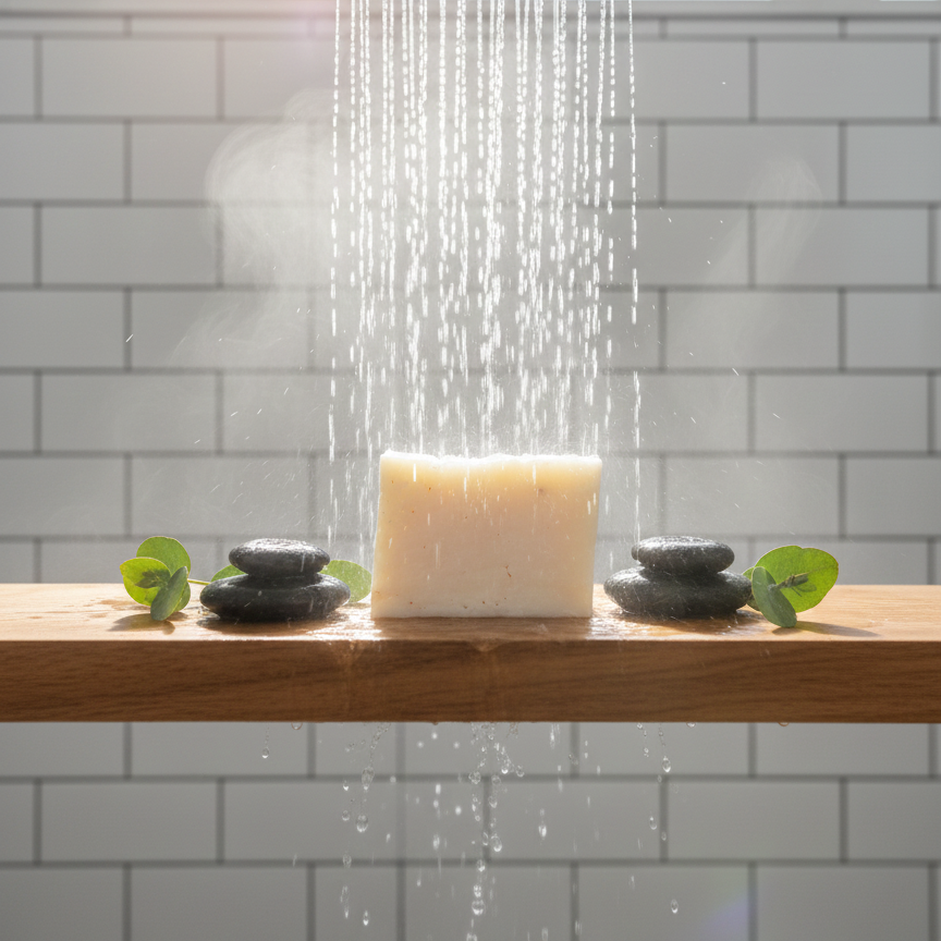 Mindful Organics Himalayan Salt Vegan Soap in a rainfall shower