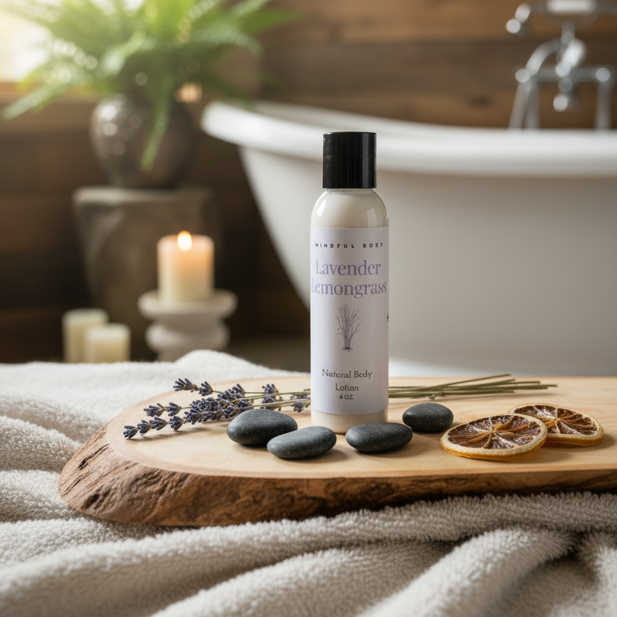 A bottle of Lavender Lemongrass body lotion on a wooden tray with bath accessories in a bathroom setting