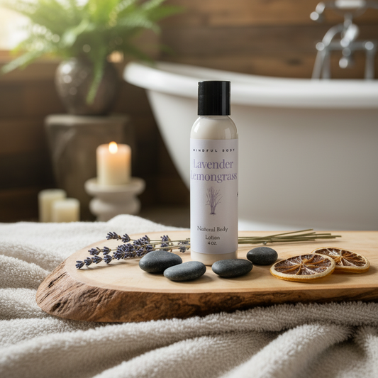 A bottle of Lavender Lemongrass body lotion on a wooden tray with bath accessories in a bathroom setting