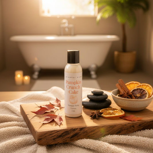 Bottle of 'Pumpkin Crunch Cake' lotion on a wooden tray with bath items in a bathroom setting.