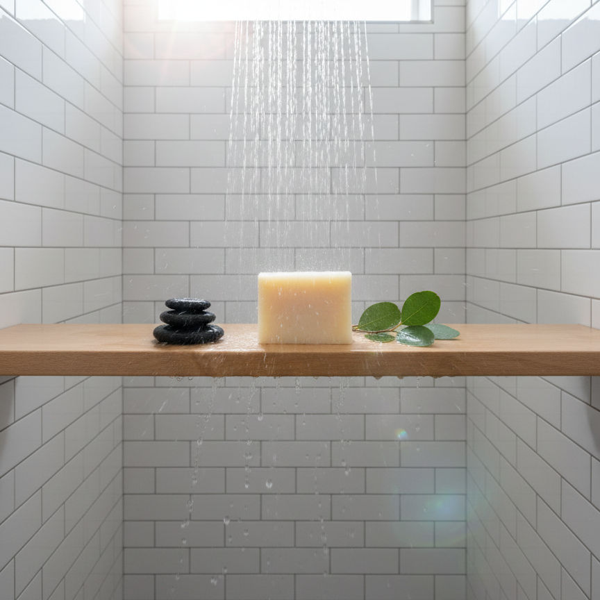 Shower area with a wooden shelf holding Mindful Organics Tea Tree Mint & Herb Hair, body & Beard Vegan Soap and stones, set against white tiled walls.