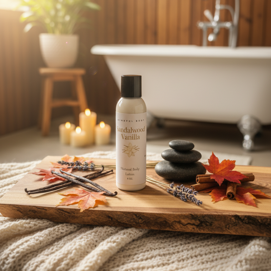 Bottle of Sandalwood Vanilla body lotion on a wooden tray with candles, stones, and leaves in a warm-toned bathroom.