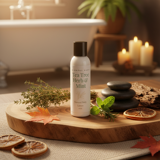 bottle of Tea tree herb & mint body lotion on a wooden tray with a serene background