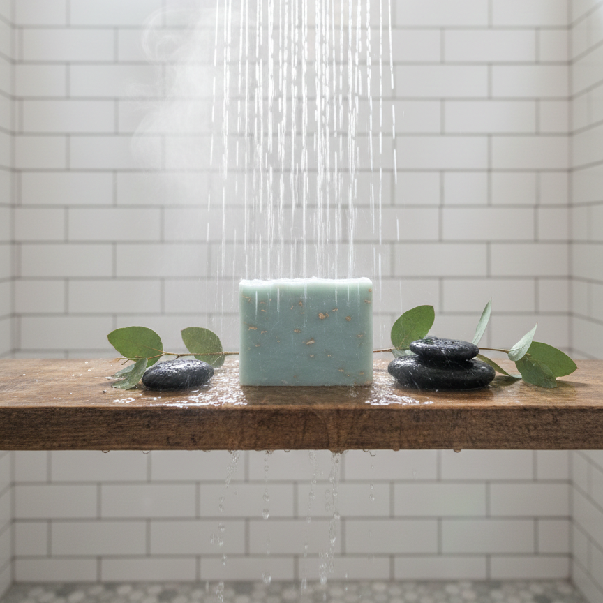 Bathroom with a showerhead and a small table with Mindful Organics Snowflakes Vegan soap and decorative items.