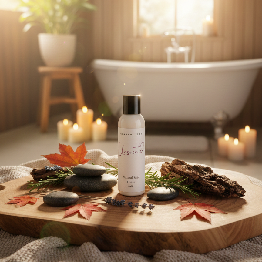 Bottle of Unscented body lotion on a wooden tray with candles and leaves in a warm, lit bathroom.
